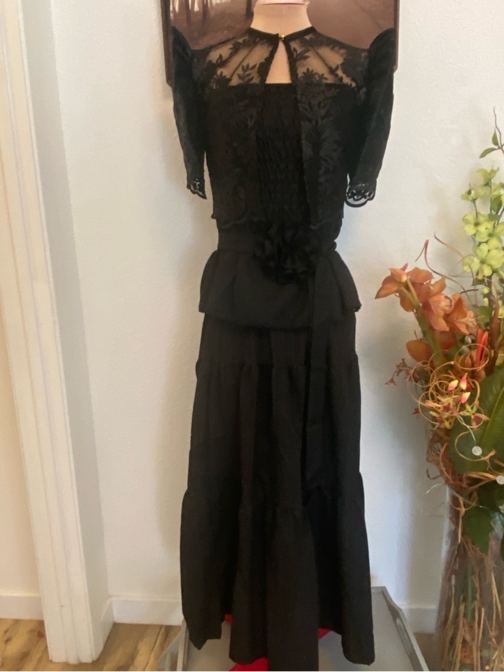 Elegant Filipiniana Black w/ Flower Belt Maxi Dress - Lace Bolero, Skirt, & tube
